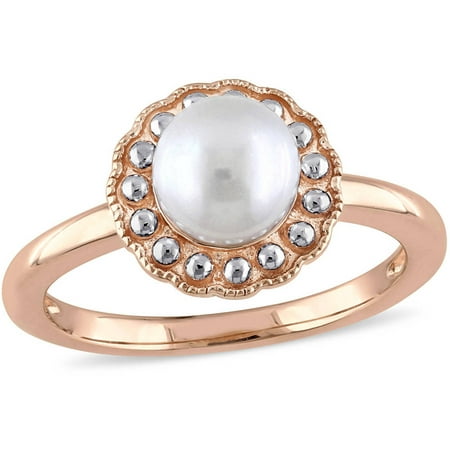 Miabella 6.5-7mm White Round Cultured Freshwater Pearl 10kt Rose Gold Flower Cocktail Ring