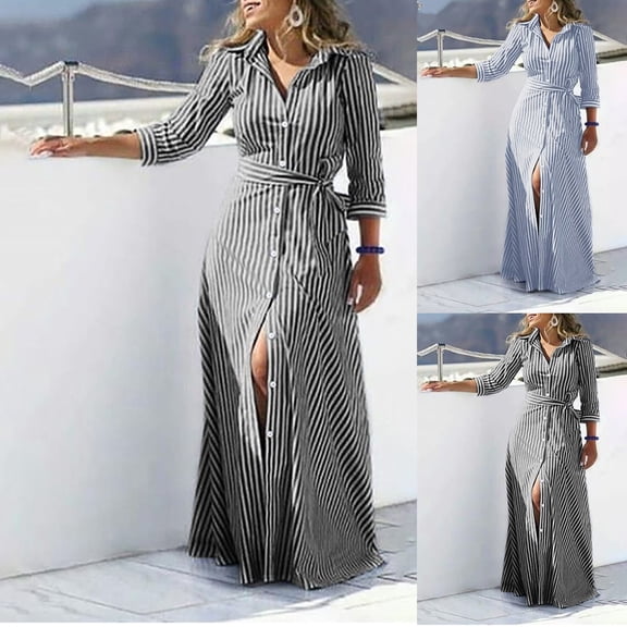 Juesizh Long Sleeve Dress for Women Elegant V Neck Lapel Maxi Dress Fashion Casual Striped Printed Waist Defining Dress, S-XL