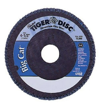 UPC: 0012382508043 | Weiler Tiger Big Cat High Density Flap Disc  4-1/2 in dia  60 Grit  7/8 in Arbor  12 000 RPM  Type 27 – 1 EA (804-50804)