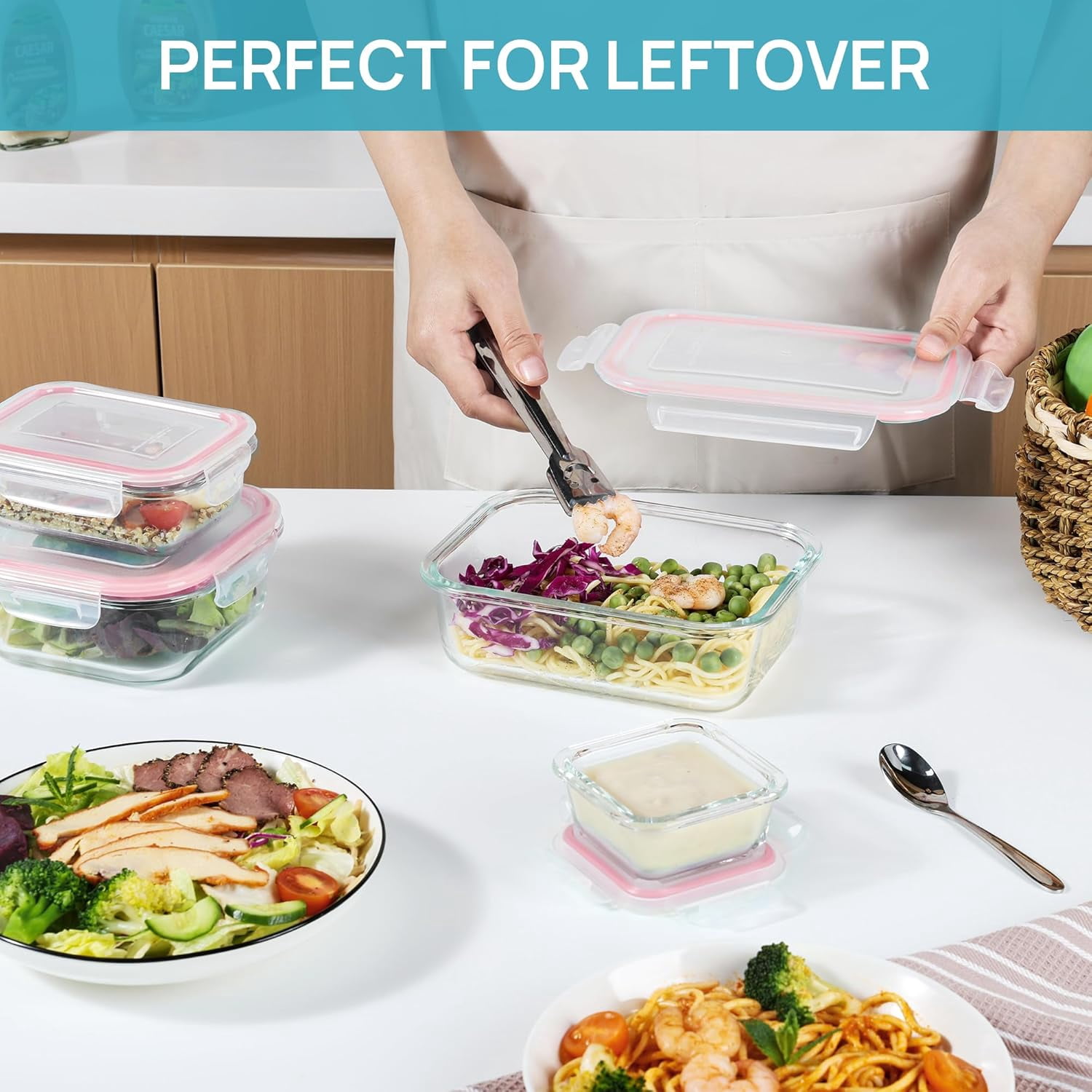Glass Food Storage Containers with Airtight Lids, Glass Meal Prep Containers, Lunch Office Meal for Microwave, Oven, Freezer and Dishwasher, BPA Free