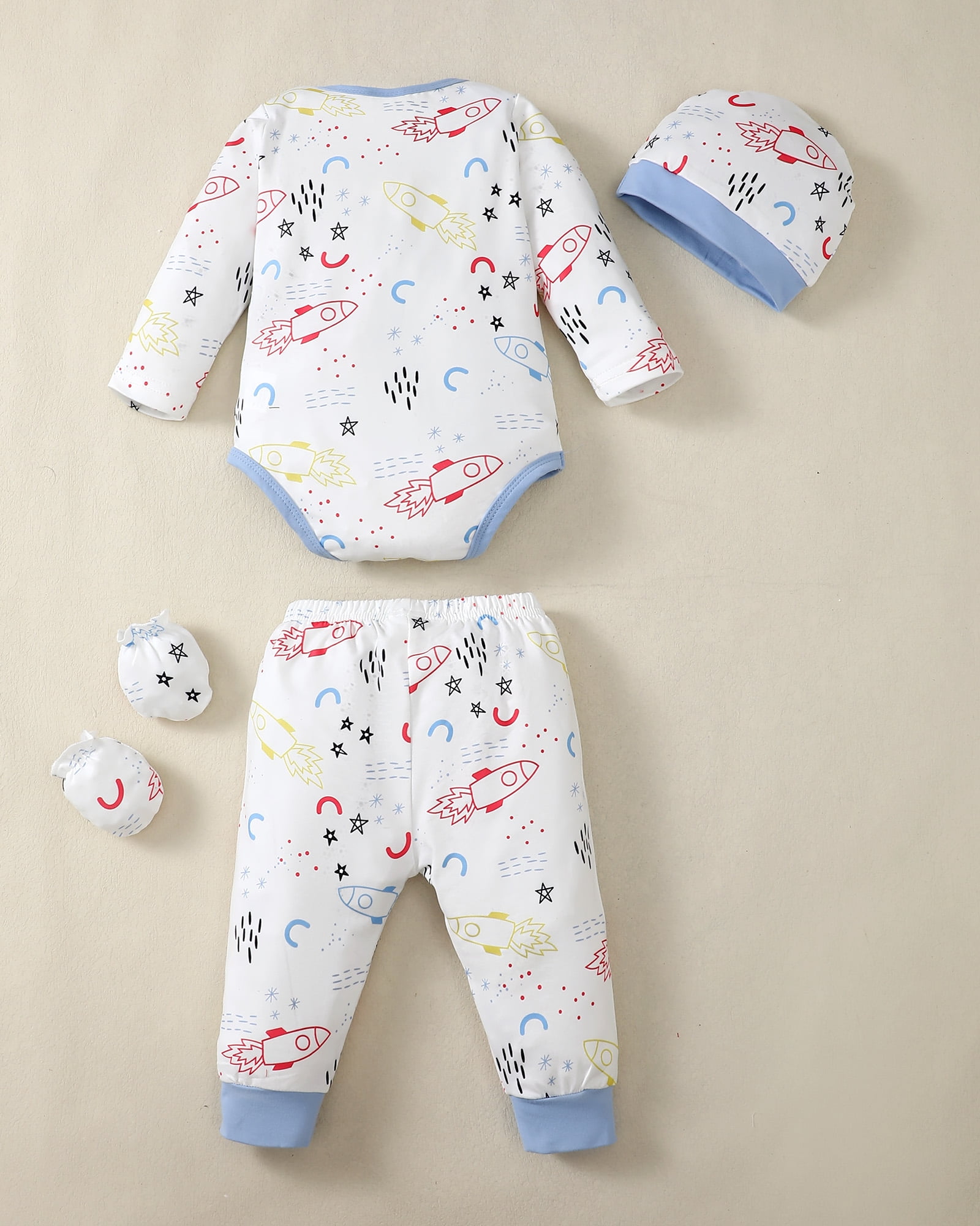 KIMI BEAR Newborn Baby Boys layette set 3-6 Months Romper Pants Set Hat 4-Pack Outfits Long Sleeves Top Gloves 16pcs Winter Clothes Baby Shower Gifts Blue