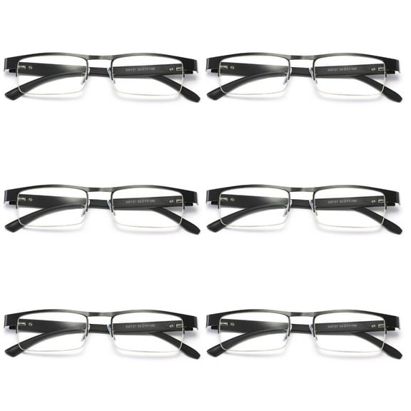 6 Pairs Mens Rectangular Metal Half Frame Reading Glasses Spring Hinge Black Readers  0.75