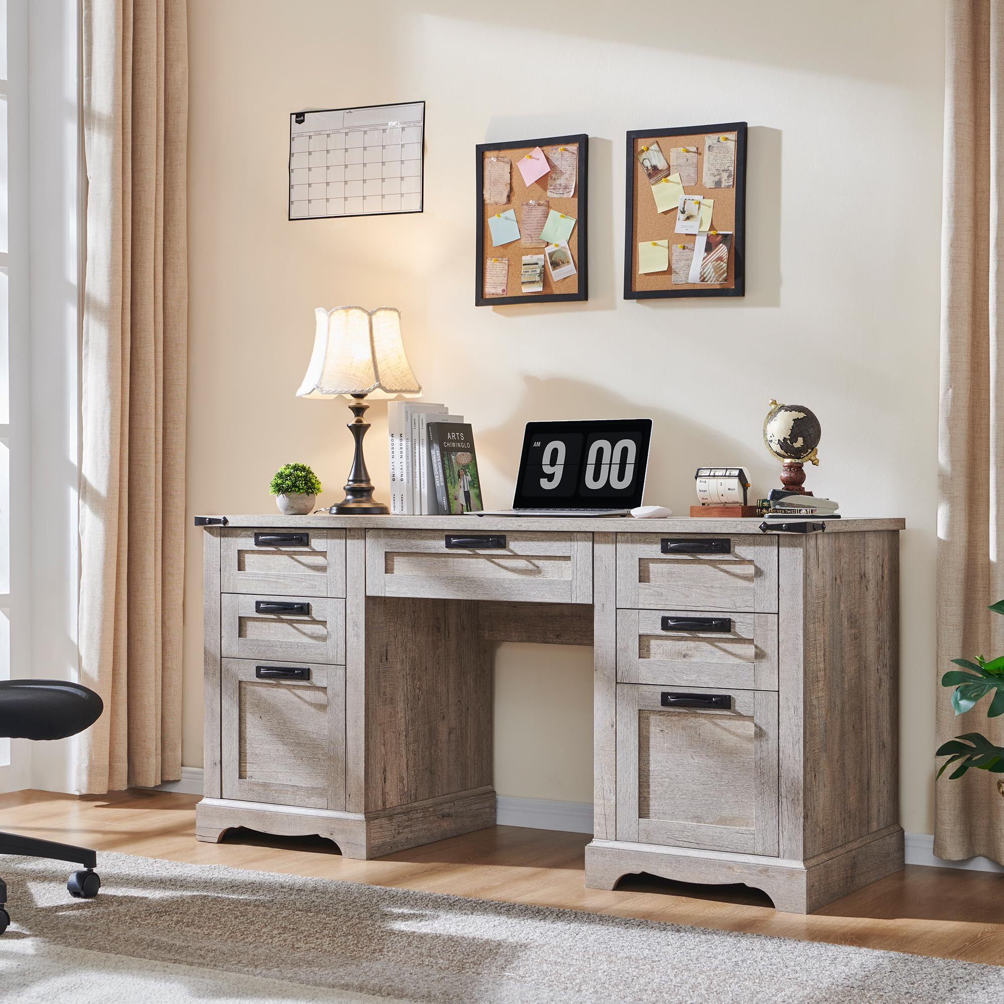 OKD Farmhouse Executive Desk, Rustic Office Desk with Charging Station and Keyboard Tray,Home Workstations with File Drawer, Storage Cabinet,Wood Computer Writing Desk, Light Rustic Oak