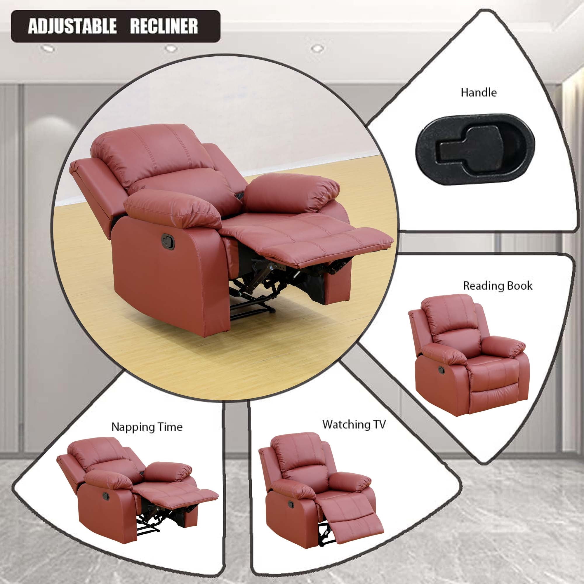Aukfa Faux Leather Manual Recliner Chair Single Sofa Armchair for Living Room, Bedroom, Red