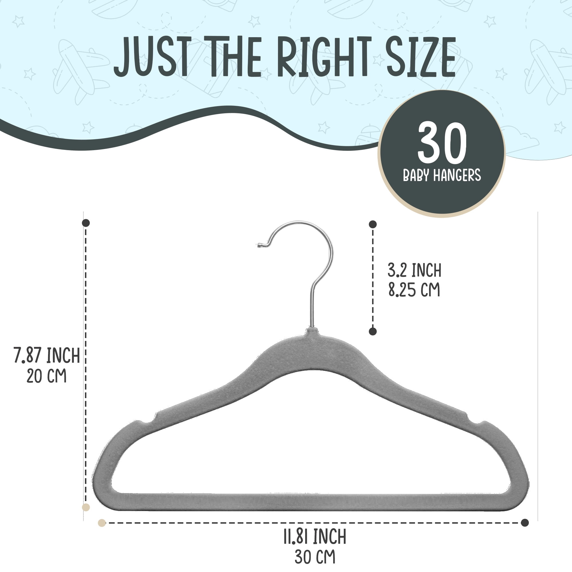 Techzoo Premium Baby Velvet Hangers 30 Pack – 11.8" Non Slip Felt Cloth Hangers for Closet – Ultra Slim, Space Saving Baby Clothes Hangers with 360° Swivel Hook Infant Hangers – Gray