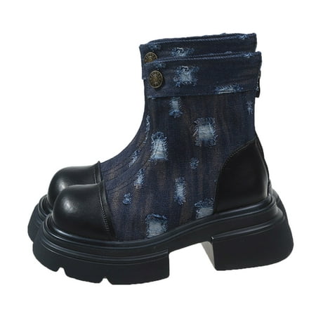 

Lovskoo 2024 Combat Boots Womens Round Toe Platform Retro Elastic Dressy Spliced Canvas Mid Heel Mid Heeled Zipper Shoes Dark Blue