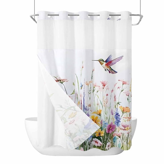 No Hook Shower Curtains with Snap-in Liner Set, Hummingbird Floral Waterproof Hotel Style Bathroom Shower Curtain, Farmhouse Floral Botanical Breathable Mesh Top Window Bath Curtains 72''x84''