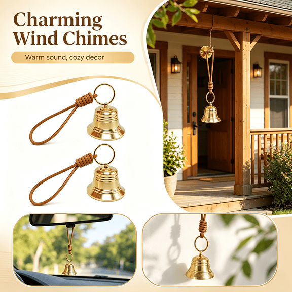 Brass Hanging Bell with Leather Rope, Vintage Gold Door Knob Bell, Small Entry Doorbell Chime for Home Shop Office Garden Holiday Decoration