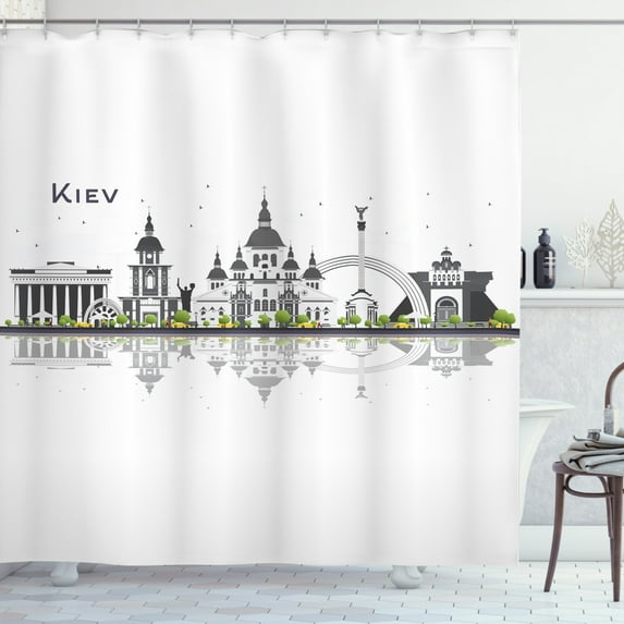 Ambesonne Travel Shower Curtain, Kiev Skyline Reflection Art, 69"Wx70"L, Dark Grey Pale Taupe