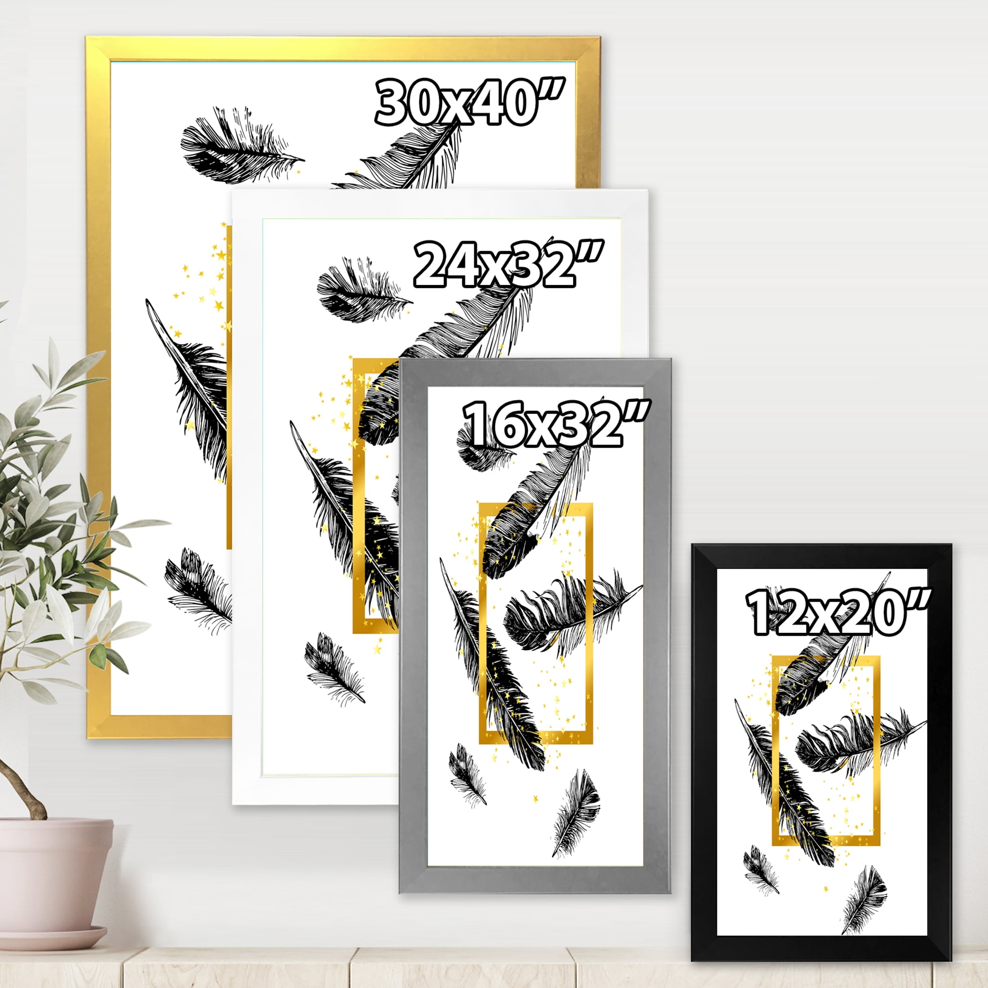 Designart 'Feathers and Golden Frame' Bohemian & Eclectic Framed Art Print