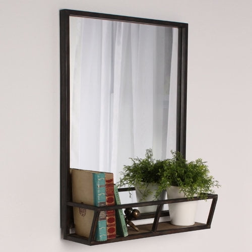 Kate and Laurel Jackson 22x29 Distressed Metal Mirror with Wood Shelf, Black