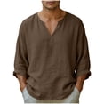 thumbnail image 2 of Mifsaly Mens Beach Shirts V Neck Long Sleeve Cotton Linen Shirt Lightweight Breathable Loose Fit Vacation Lounge Fashion T-Shirts Brown,L, 2 of 8