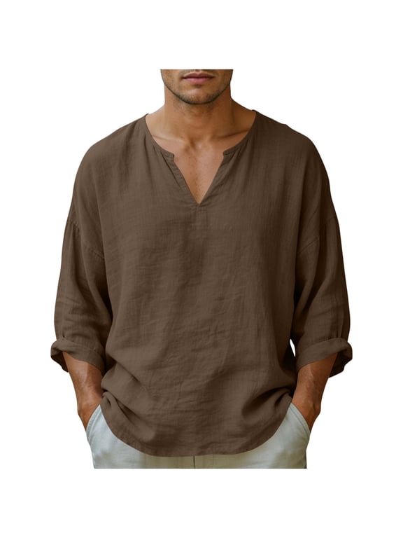 Men's Solid Color Cotton-Linen Blend Long Sleeve Notched V-Neck T-Shirt Regular Fit Casual Summer Daily Wear Layering Top Brown L