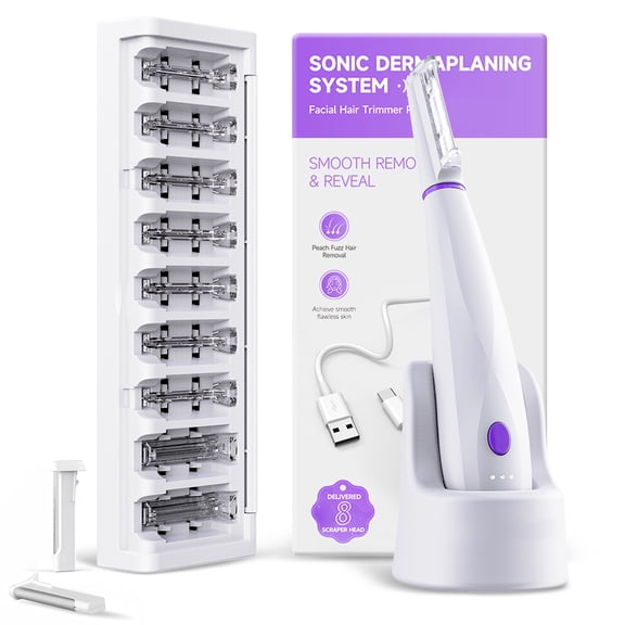 Dermaplane Razor, Sonic Dermaplaning Tool for Peach Fuzz Removal & Facial Hair, Rechargeable Facial Exfoliation Device with LED Light, 3 Speeds, 8 Blades & 2 Microsmooth Exfoliation Tips,White