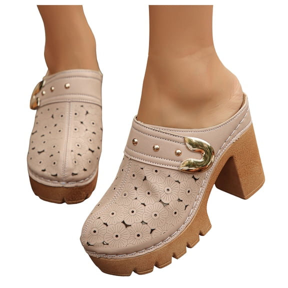 Rokment Women's Platform Chunky Block High Heels Clogs and Mules Spring Summer Fashion Metallic Buckles Leather Hollow out Closed Toe Lug Sole Heeled Backless Dress Slides Sandals Beige Size 6.5