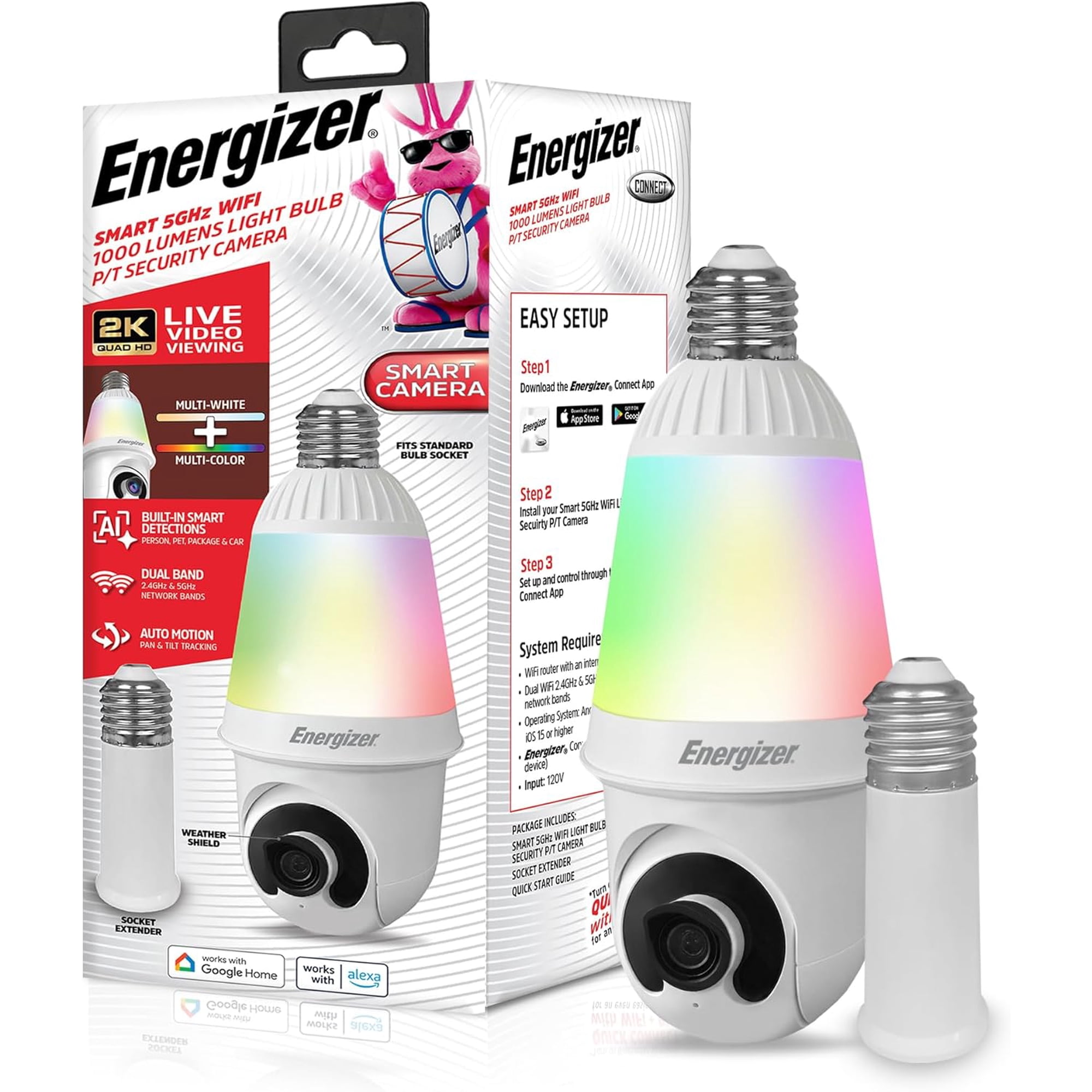 Energizer Smart 2K Light Bulb Security Camera, 1000 Lumens LED Light, 5G&2.4G Wi-Fi Outdoor Socket Camera, Pan Tilt Auto Tracking, White, AI Smart Detection Built-in