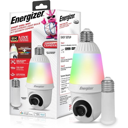 Energizer Smart 2K Light Bulb Security Camera, 1000 Lumens LED Light, 5G&2.4G Wi-Fi Outdoor Socket Camera, Pan Tilt Auto Tracking, White, AI Smart Detection Built-in
