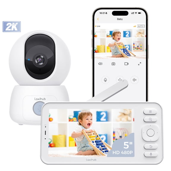 Laxihub Smart Video Baby Monitor,Wifi/No Wifi Modes,5'' 480P LCD&2K Camera,Two Way Audio&One Click Talk,PTZ Control,Cry Detection,VOX