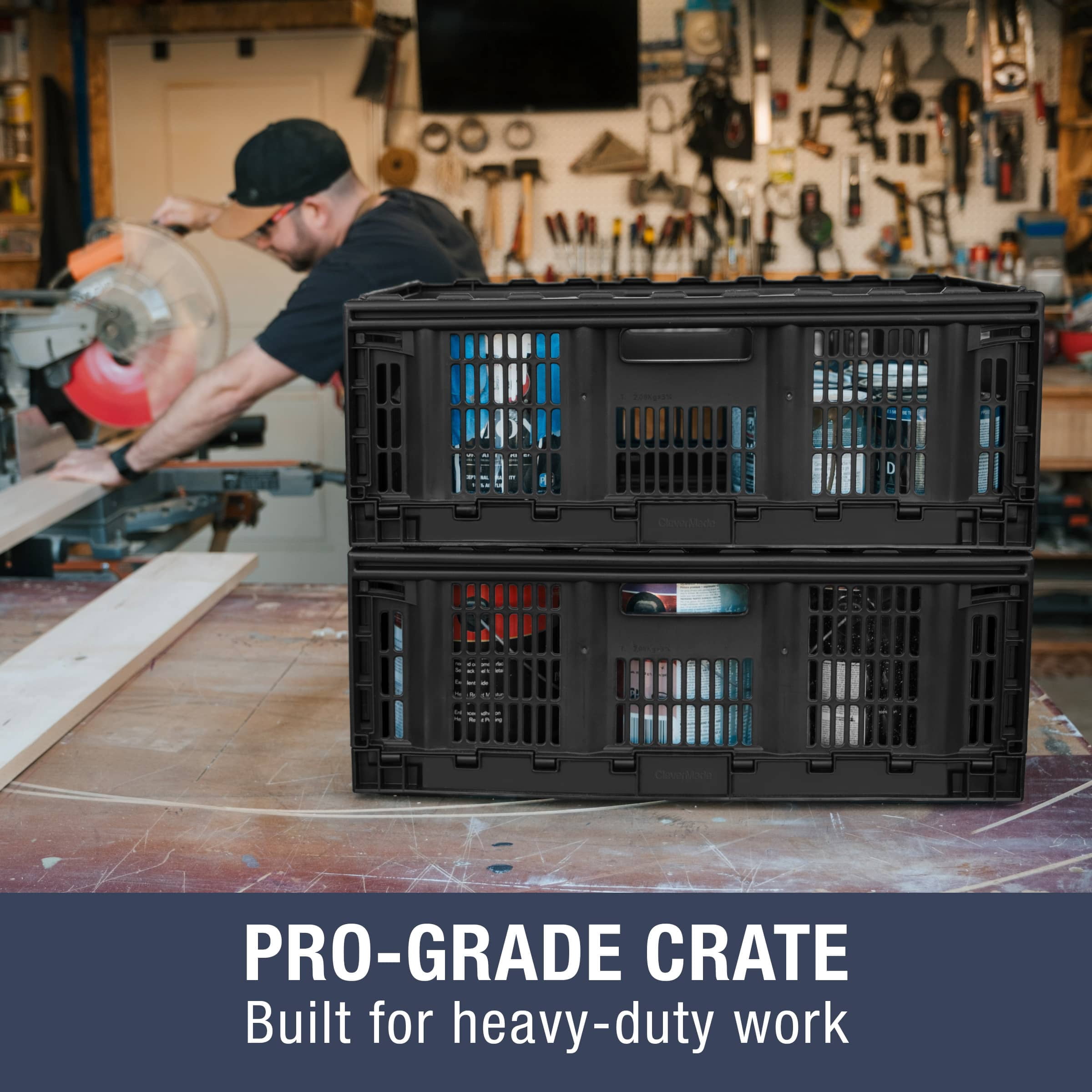 CleverMade 46L Pro-Grade Collapsible Storage Crate, Heavy Duty Storage Bin - Black