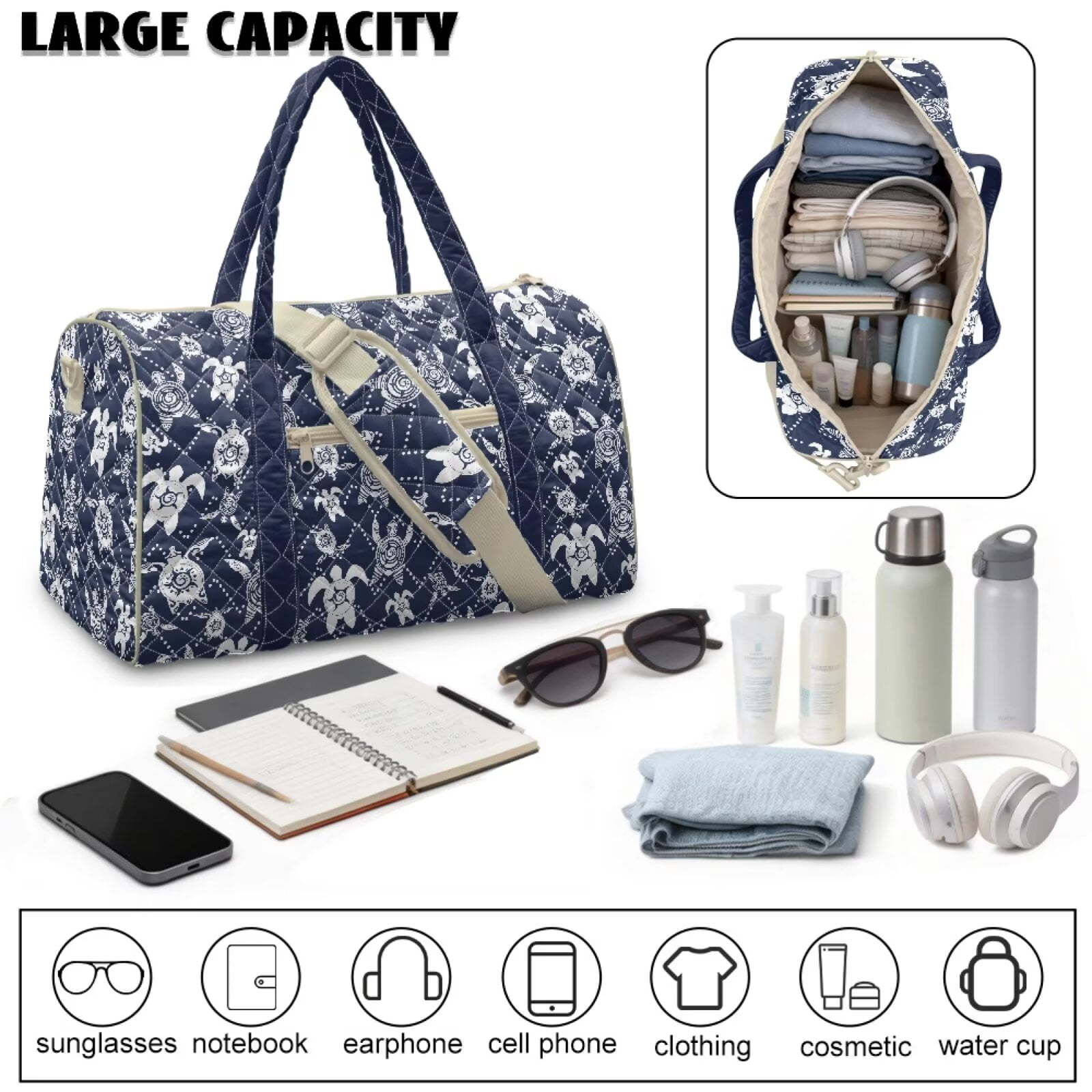 Chririnla Blue Turtles & Flower Pattern Large Travel Duffel Bags Unisex Casual Weekender for College Student with Luggage Handle Strap & Quilting Design