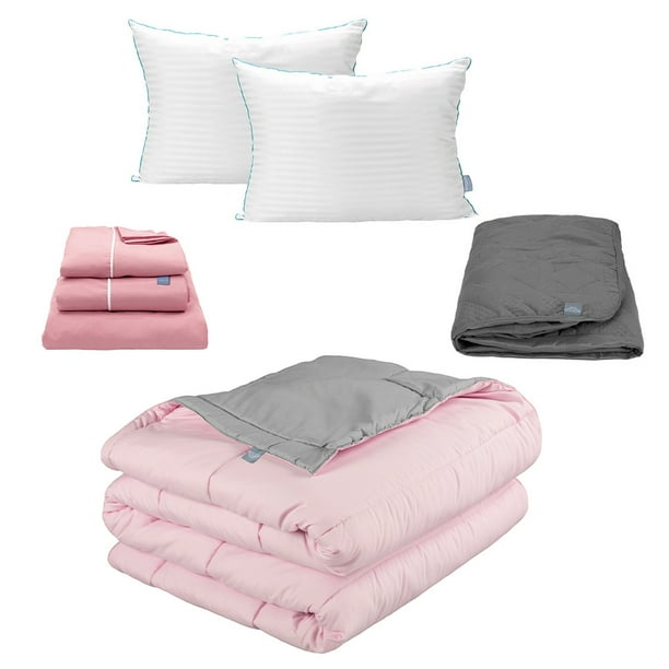 Edredón Dos vistas Queen Size Rogga Rosa - Gris Perla + Protector Rogga + Sábanas Royal + Almohada Royal Twin