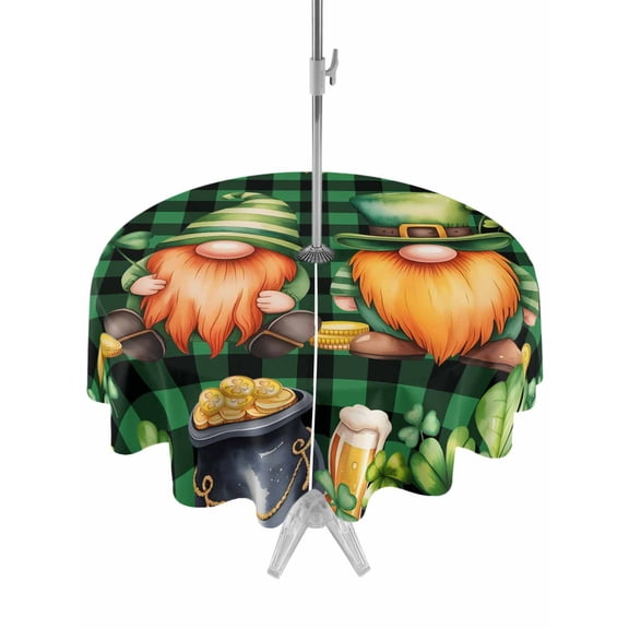 Outdoor Tablecloth with Umbrella Hole and Zipper, St. Patrick's Day Round Table Cloth 54 Inch Waterproof Tablecloth, Cute Gnomes Lucky Shamrocks Green Black Plaid Picnic Table Cover for Patio Camping