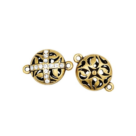 Cut Out Cross - Hollow Round Crescent Cut Out With Cross Channel Crystal Antique Gold-Finished Link With Clear Preciosa Czech Crystal 22.4x14.6mm pack Of 2pcs