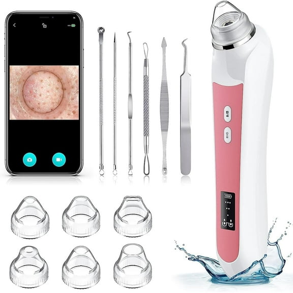 SUWU 3-in-1 Blackhead Remover Vacuum with Camera kit, 6 Blackhead Extractor & Probes, USB Rechargeable Blackhead Suction Remover, Pore Vacuum Tool, 3 Charcoal Masks & 144 Acne Patches, (Pink)