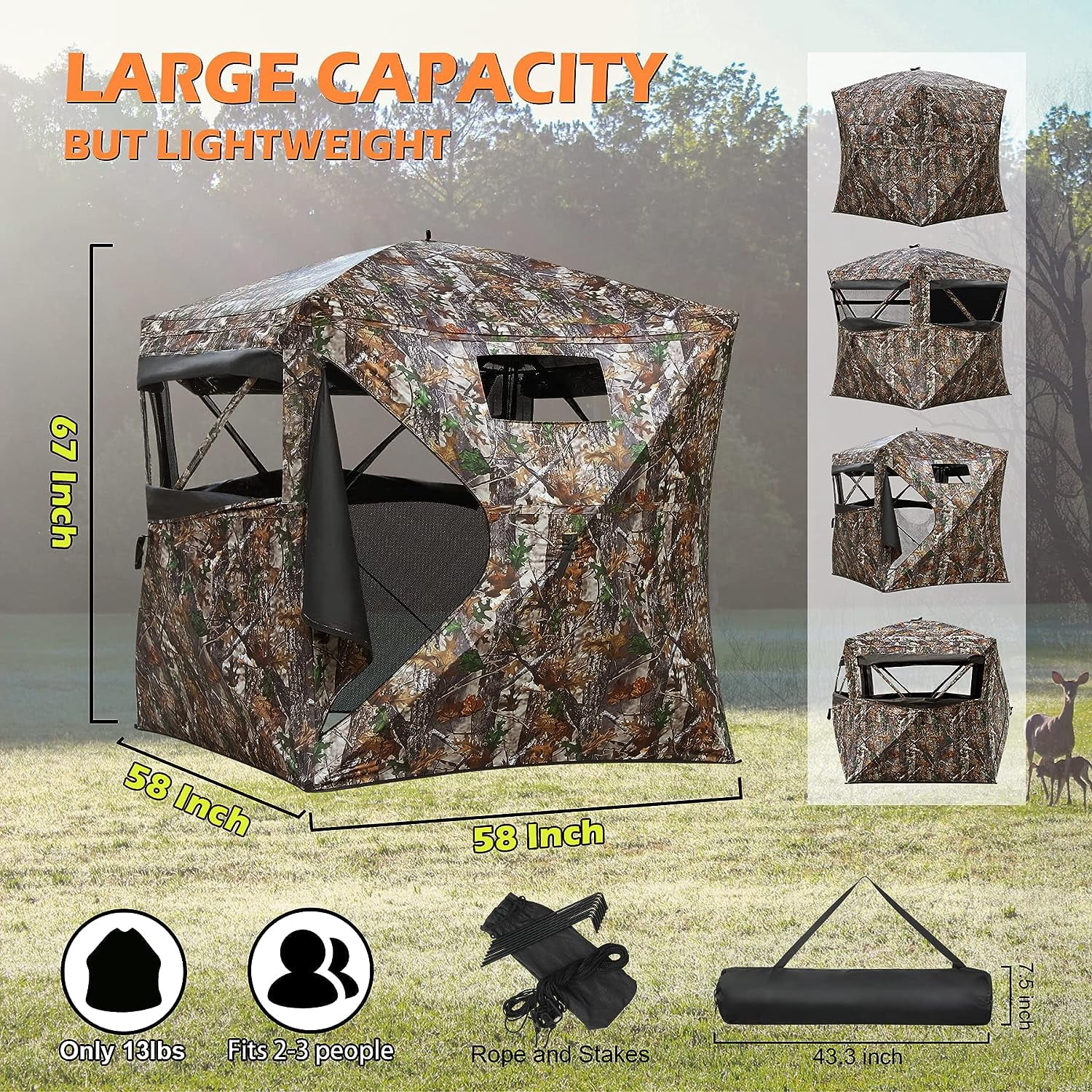 DARCHEN Hunting Blind See Through with Carrying Bag, 2-3 & 3-4 Person Pop Up Ground Blinds 270 Degree, Portable Durable Hunting Tent for Deer & Turkey Hunting (Camouflage)