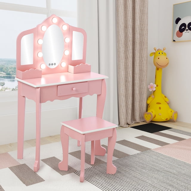 GloryStar Kids Vanity Desk with Oval Lighted Mirror