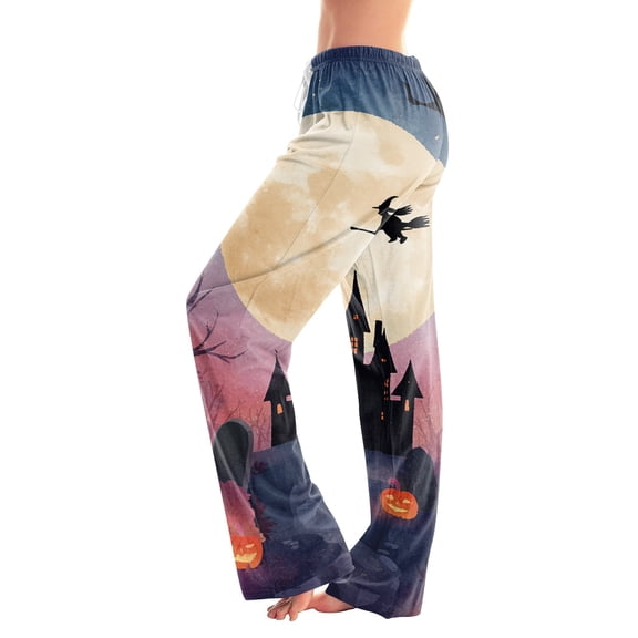 Halloween Lounge Pants for Women Old Castle Print Stretch Casual Elastic Waist Pajama Bottoms