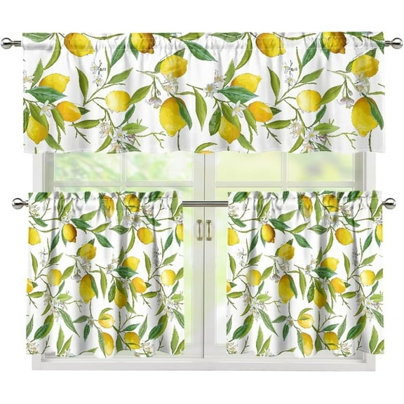 Lemon Print Kitchen Curtain and Valances Set 3 Piece Washable Blackout Curtain Valances for Living Room/Bedroom Decor Small Window Curtains Panels Farmhouse Style