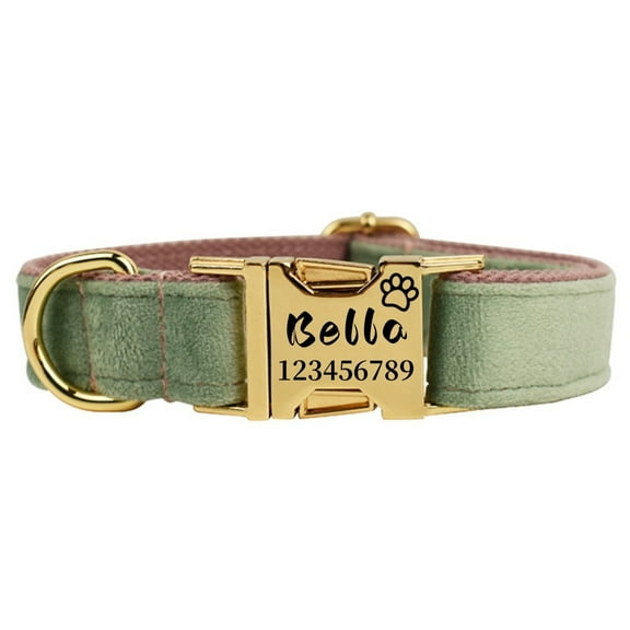 Custom Dog Collar Personalized with Name Engraved Gold Metal Buckle for Large Medium Small Dogs - Dog Leash and Bow Tie Available - Soft Thick Velvet - Mint green on red Size S