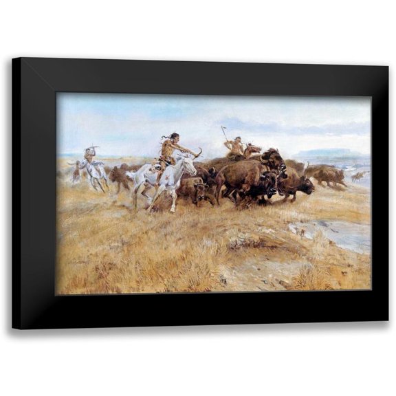 Russell, Charles M. 14x10 Black Modern Framed Museum Art Print Titled - Buffalo Hunt