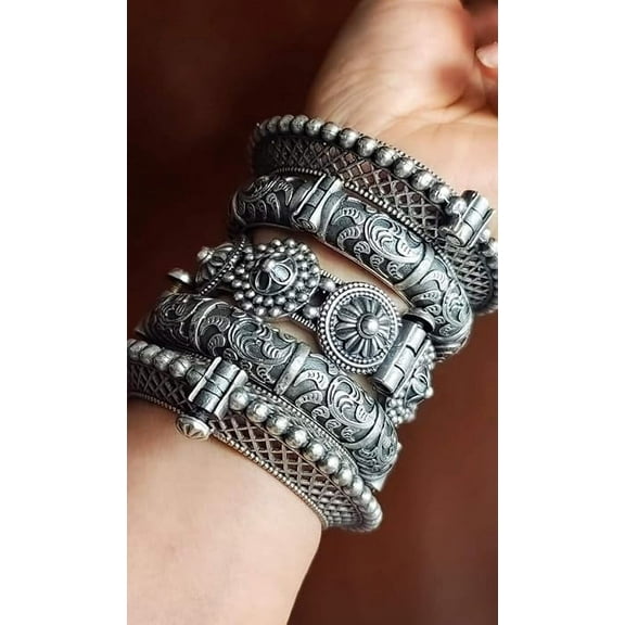 oxidized Silver replica openable bangles set of 5 pieces for women
