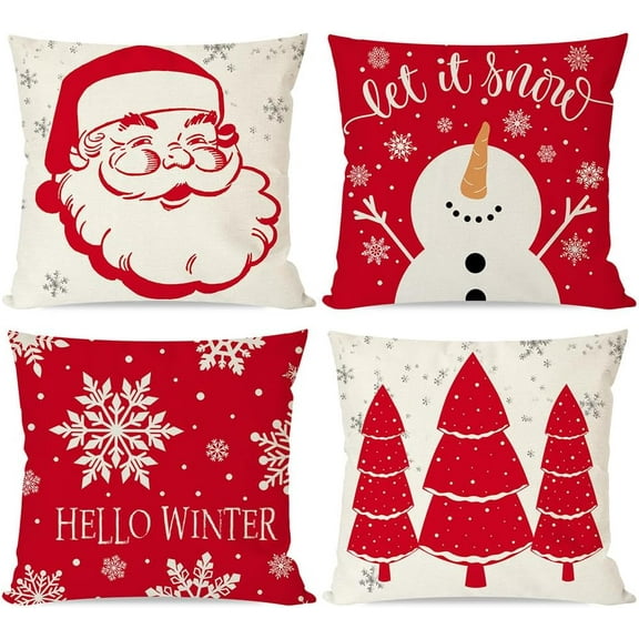 Christmas Pillow Covers 18x18 Set of 4, Vintage Santa Claus Hello Winter Christmas Tree Snowflake Snowman Holiday Christmas Pillowcases, Decorative Throw Pillows Cases Decorations for Couch