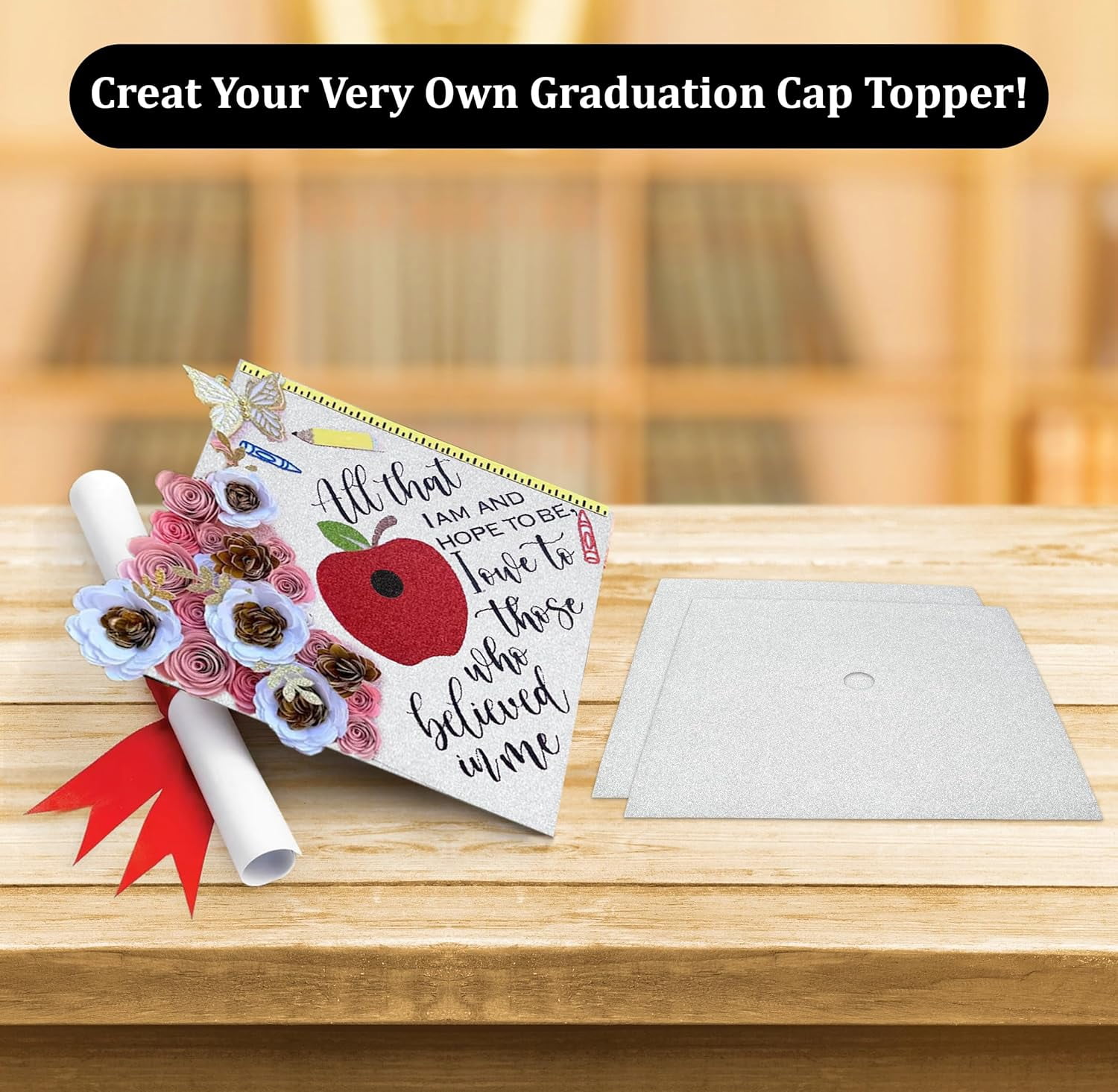 Gift Boutique 2 Pieces Graduation Cap Decorations White Glitter Background Grad Caps Topper Blank Base Graduate Hat Decoration Do It Yourself Crafts Party Supplies with 150 Adhesive Sticky Dots