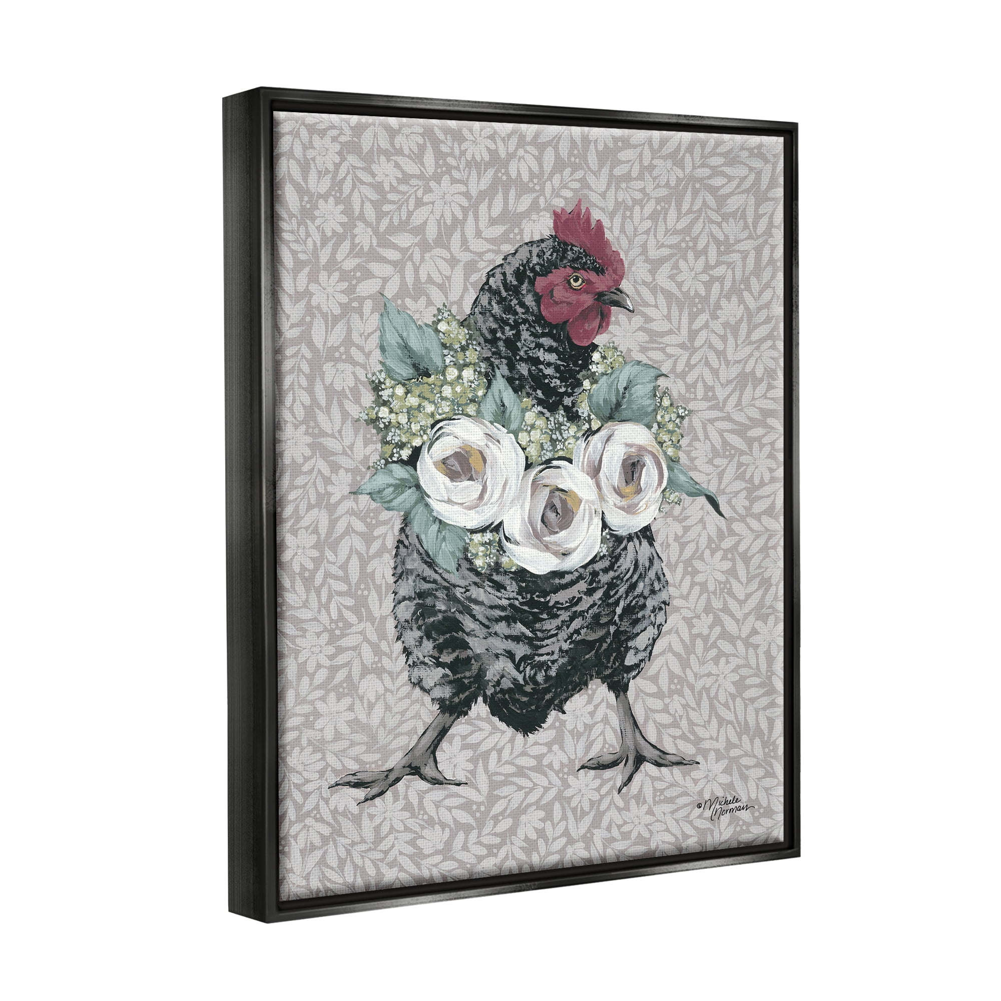 Stupell Industries Floral Patterned Hen Animals & Insects Painting Black Floater Framed Canvas Art Print Wall Art, 17 x 21