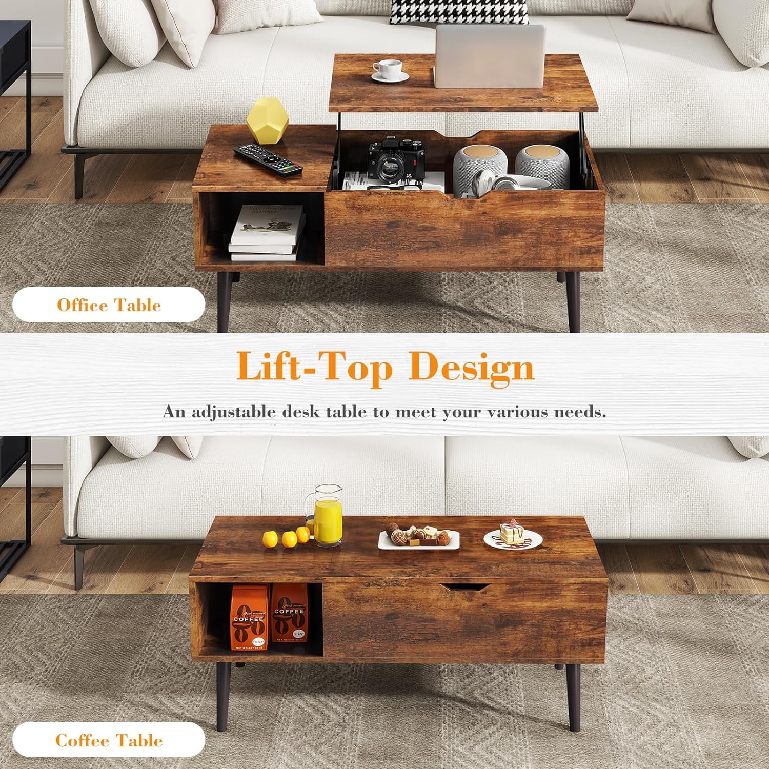 Simenmax Coffee Table, Lift Top Coffee Tables for Living Room with Storage Shelf and Hidden Compartment,Brown