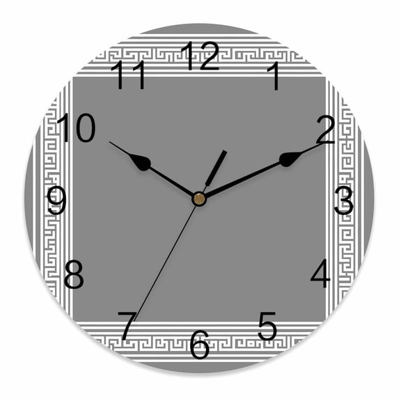 Wall Clock 12 Inch Grey White Greek Key Pattern Round Silent Decorative Wall Clocks Battery Operated for Living Room Bedroom Kitchen Classroom Decor, Geometric Modern,Large