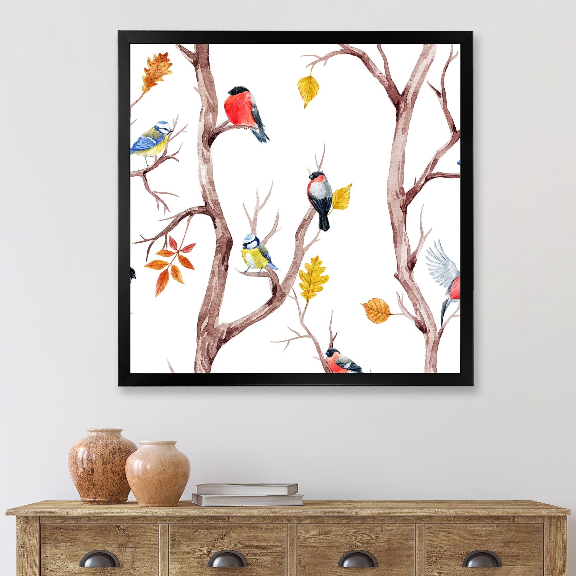 Designart 'Little Birds and Fall Trees' Traditional Framed Art Print