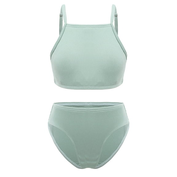 YONGHS Kids Girls Bikini Swimwear Suit Sleeveless Tops Briefs Set 5-16 A Mint Green 12