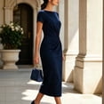 thumbnail image 6 of ClodeEU Women's Boat Neck Short Sleeve Side Ruched Waist Midi Bodycon Pencil Dress,Elegant Office Wedding Guest Sheath Dress Blue,Women's Plus M, 6 of 7