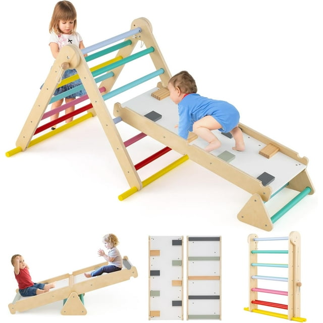 OLAKIDS Pikler Triangle Set 7 in 1 Climbing Toys for Toddlers Foldable Baby Wood Montessori Jungle Gym with Angle Adjustable Ladder Seesaw Ramp Indoor Playground