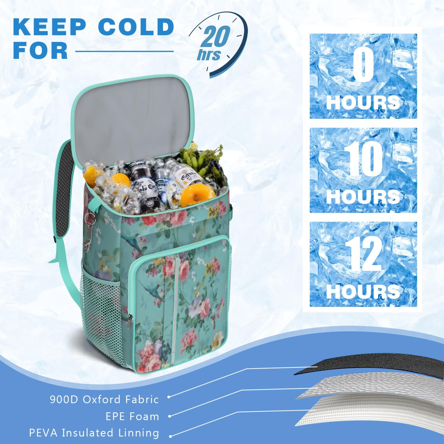 Travel Cooler Bag - Pioneer Flower Floral Print Pattern Camping Beer Cooler Backpack with Bottle Opener- Waterproof Insulated Picnic Backpacks - Cooler Bag for Beach