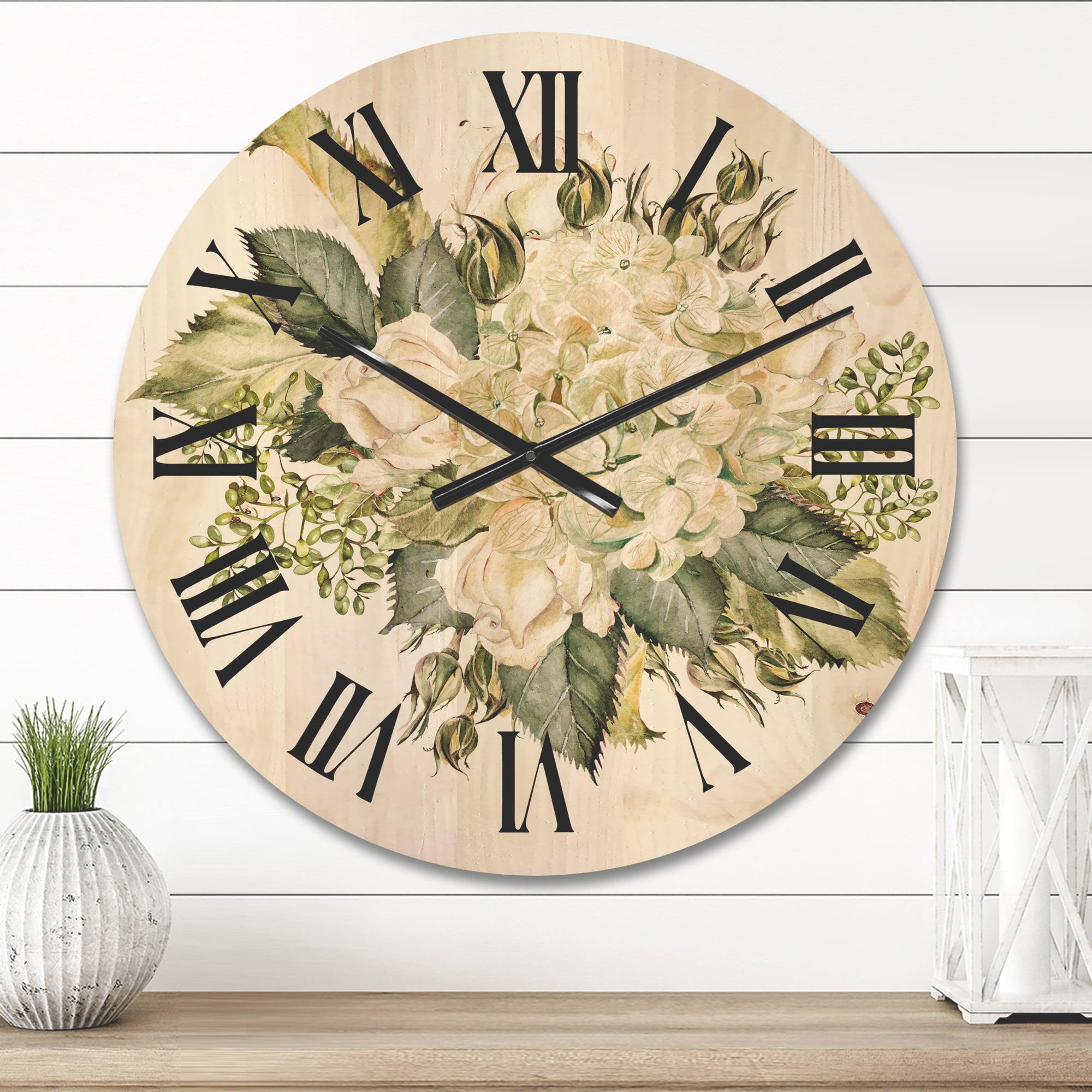 Designart 'Beautiful Bouquet With Roses and Hudrangea' Farmhouse Wood Wall Clock