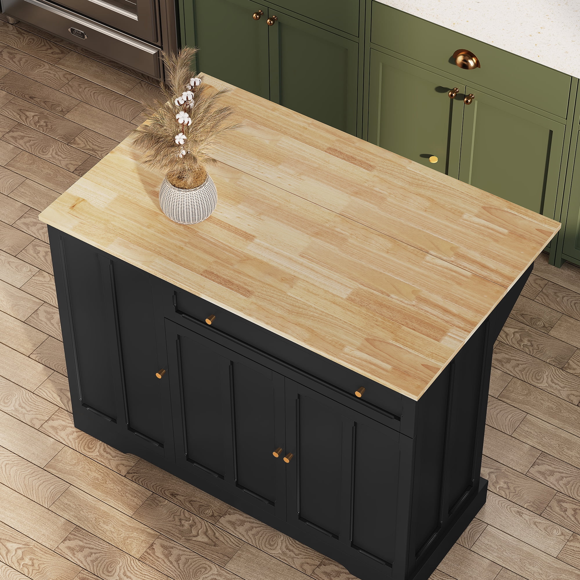 CBJCBJ 47.2" Modern Rolling Kitchen Island with Drop Leaf, Kitchen Cart with Storage, Black