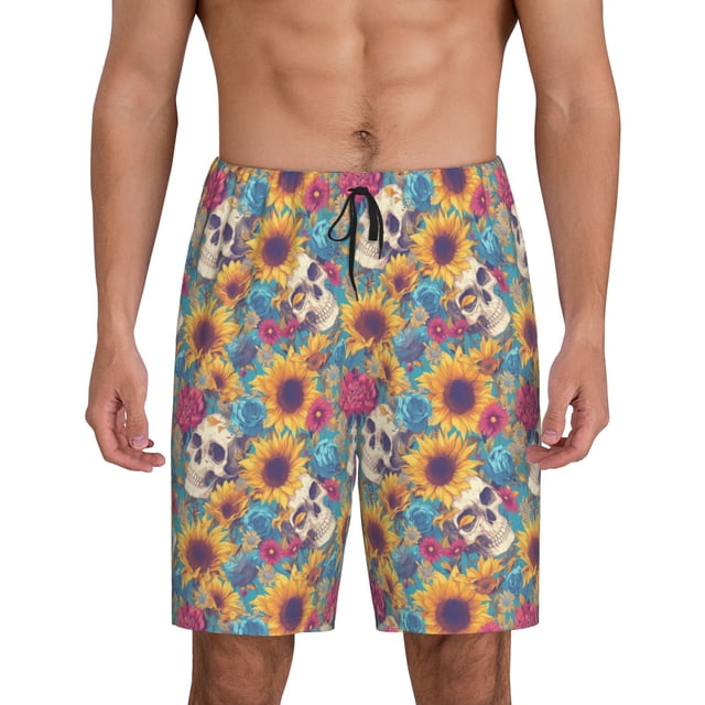 Balery colorful Skull sunflower Pantalones cortos de pijama de punto de algodón para hombre con cinturilla y bolsillos-Large