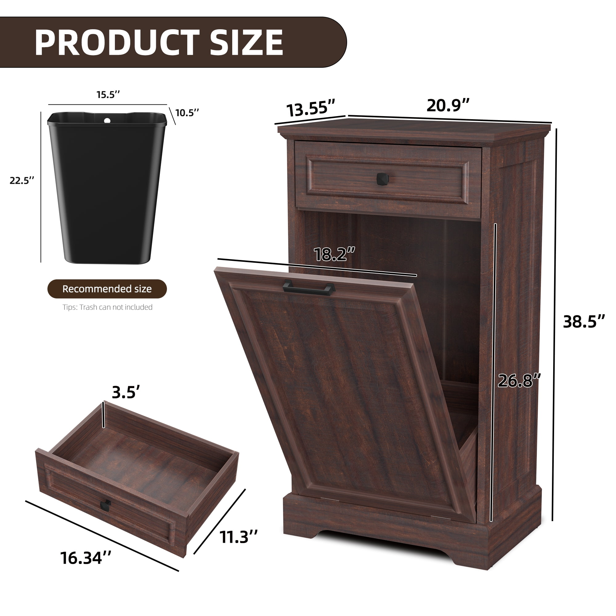HARIPUL Single Tilt Out Trash Cabinet for 13 Gallon Trash Can, Laundry Hamper Tilt Out Pet Proof Trash Cabinet for Kitchen, Brown