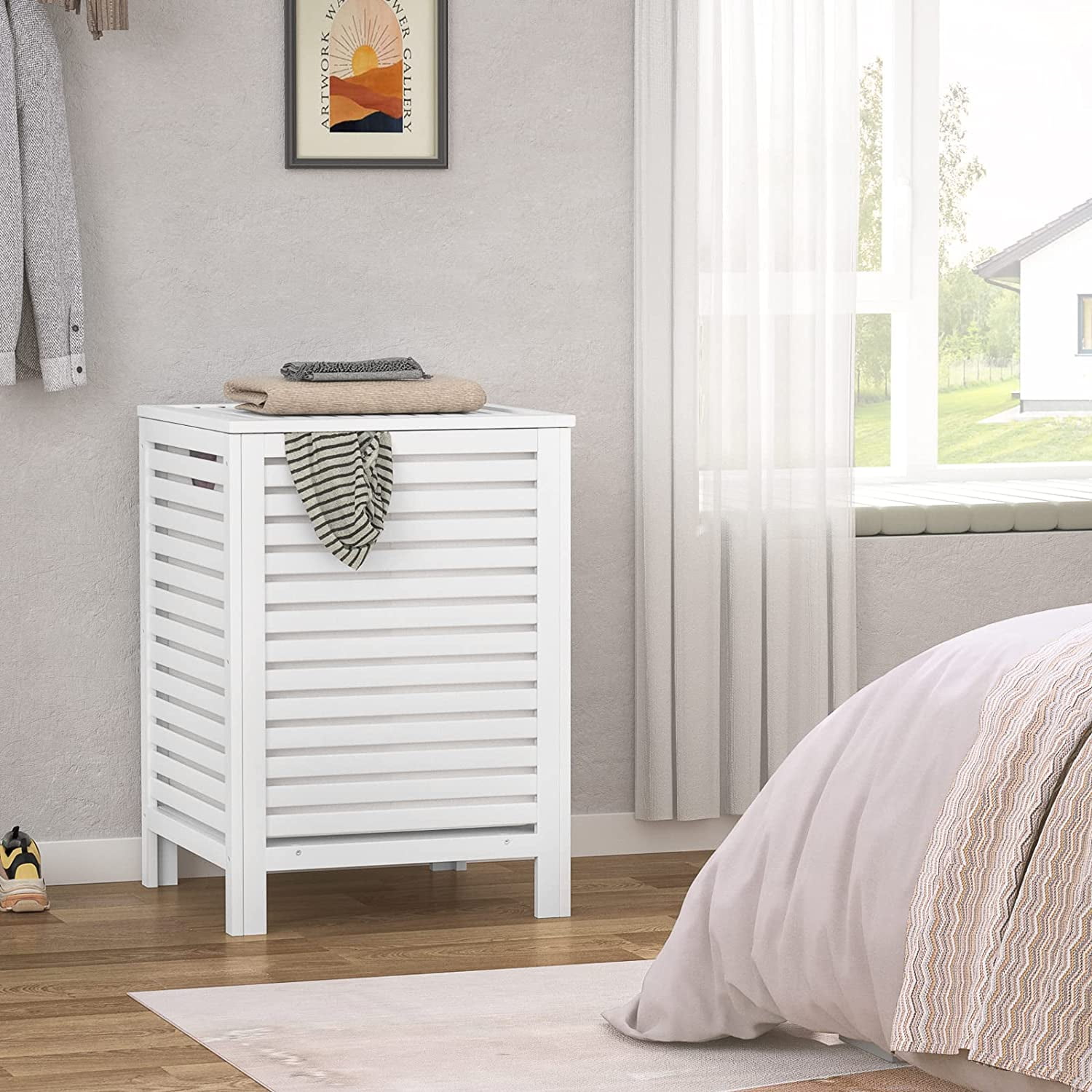 Bamboo Laundry Hamper with Lid, 120L Large Clothes Laundry Sorter with Removable 2-Section Liner Bag, Raised Laundry Basket Organizer for Clothing, Bathroom, Bedroom, Laundry Room, White